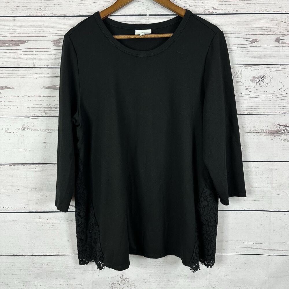 J Jill Tunic‎ Womens Large Black Ponte Lace Top Shirt Boxy Casual Office